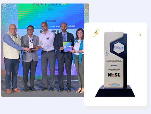 NeSL awarded the BW Businessworld FinTech 2023 RegTech Solution of the Year award, shown with the award trophy.